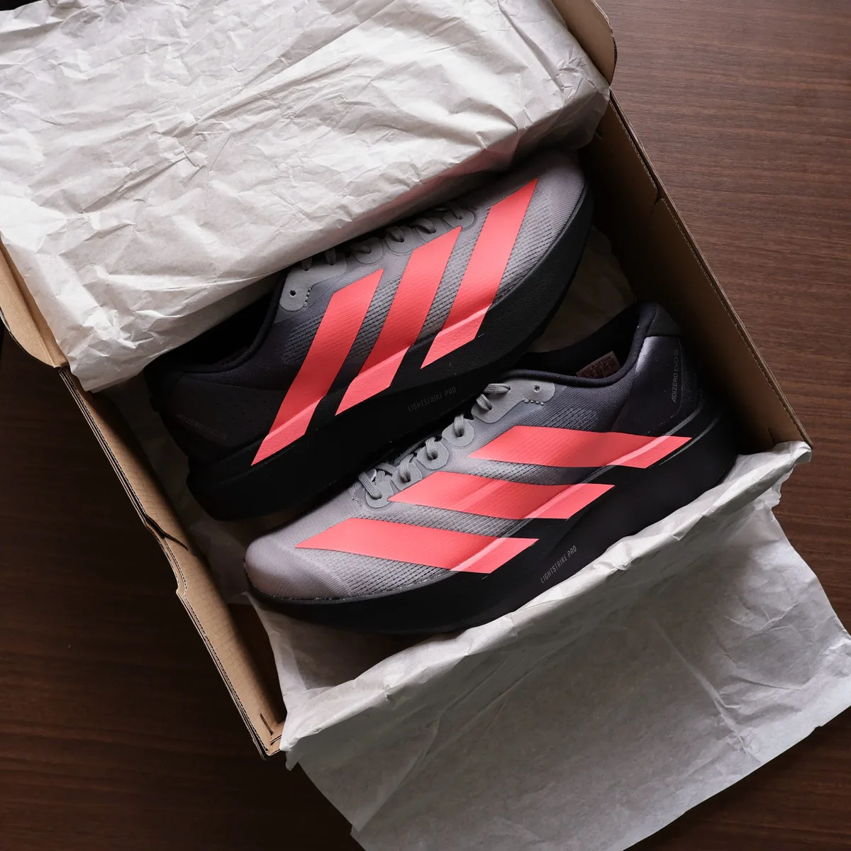 Adidas Adizero EVO SL Running Shoes Grey Solar Red Colorway
