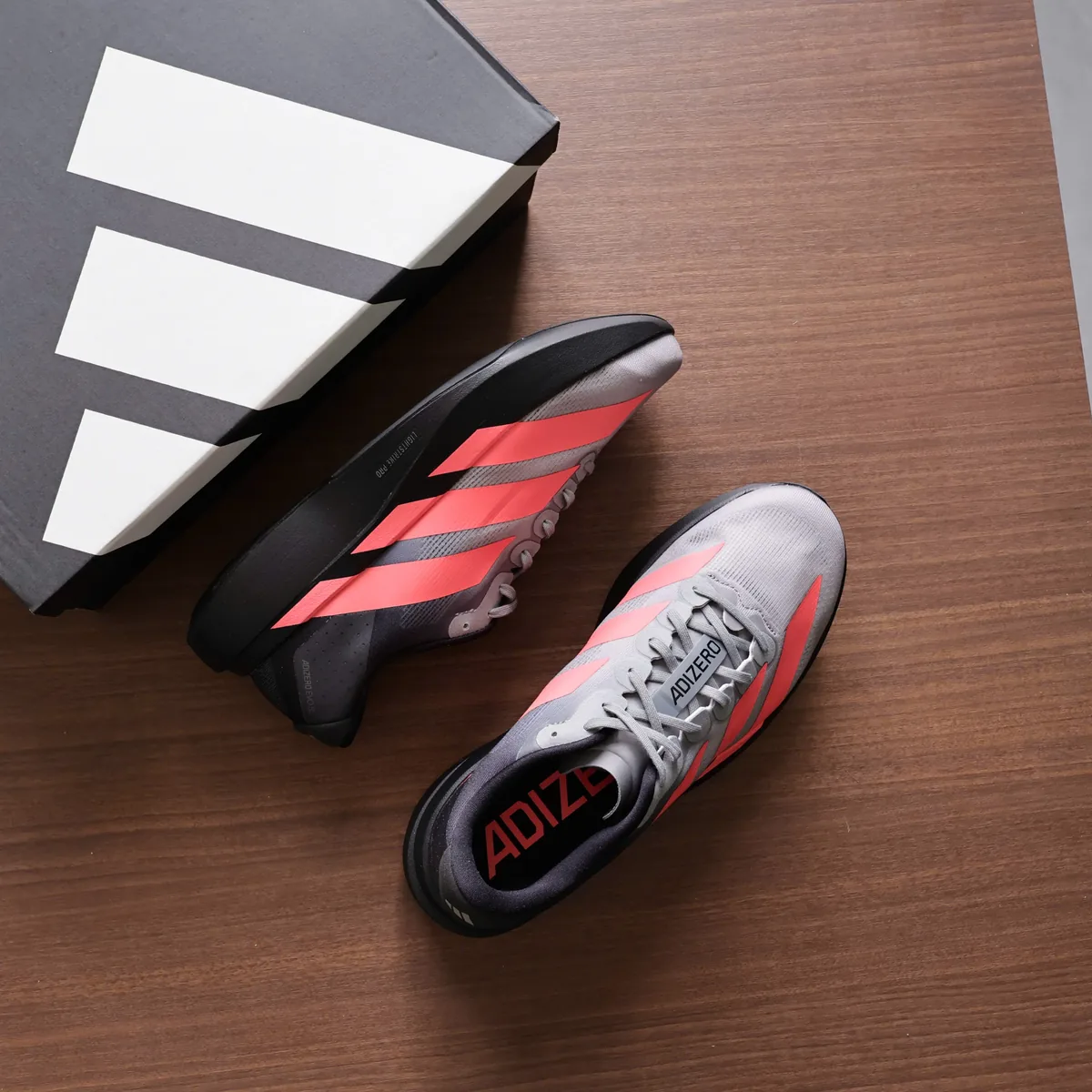 Adidas Adizero EVO SL Running Shoes Grey Solar Red Colorway